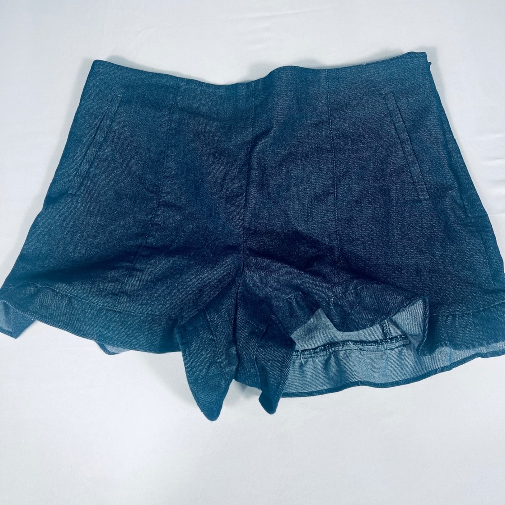 1.STATE Womens Dark Indigo Ruffle Hem Denim Shorts Size 12 Side Zip Stretch